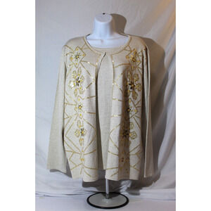 Alfred Dunner 2 in 1 Sweater Beige Gold Sequins Beaded Open Front Women's 1X